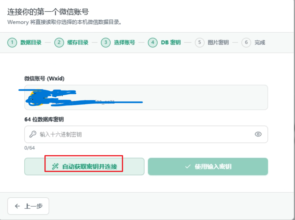 Wemory 首次连接向导中的数据库密钥获取界面